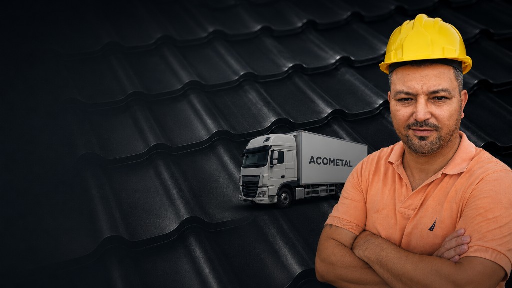 Consultant ACOMETAL cu camion de livrare pe fundal de acoperis metalic
